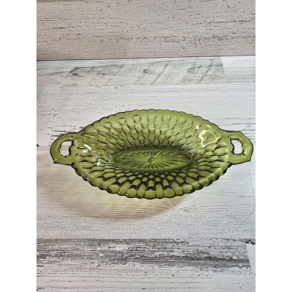 Vintage Olive Green Glass Candy Dish Oval Handled Honeycomb Scalloped MCM Bowl